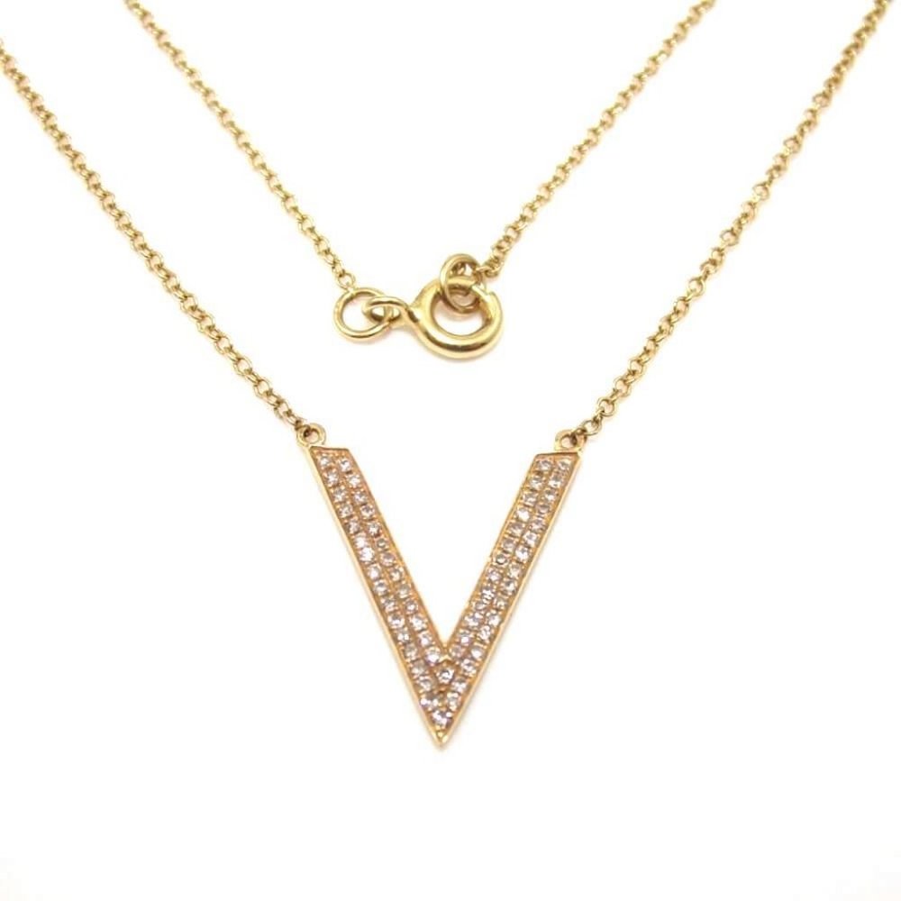 14K Gold Diamond Letter Initial V Necklace 16"